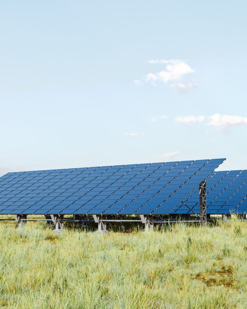 3D illustration of modern photovoltaic panels installed on green grass against cloudy blue sky on solar farm in meadow